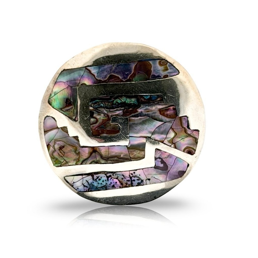 Vintage Taxco Sterling Silver 925 Abalone Inlay Brooch Pin Mexico Round Aztec